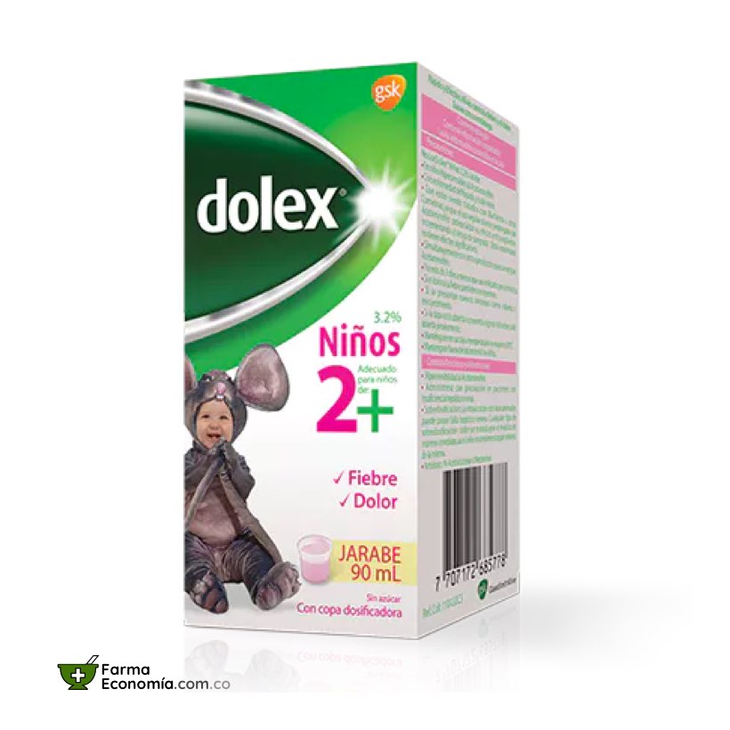 Dolex Niños 2+ Jarabe 90mL Dolor Fiebre GlaxoSmithKline Acetaminofén Drogueria Farma Economia Cali